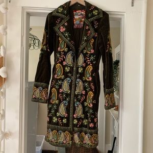 Johnny Was Embroidered Paisley Velvet Trench Coat